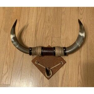 Mounted Steer Horns Leather Rope Wrapped Wall Mount Hanger Western
